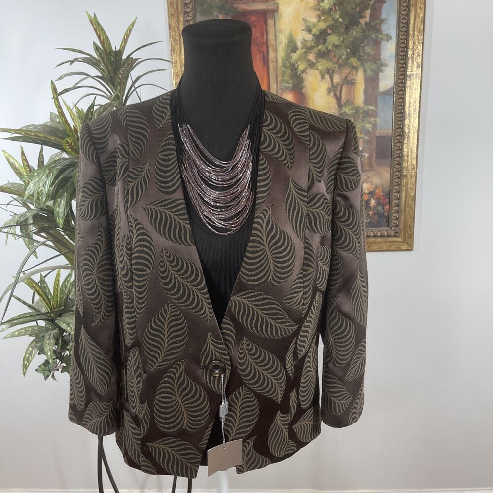 Kalfe Madrid Womens Blazer Jacket Brown Leaf Print Button Front EU 44 Deep VNeck